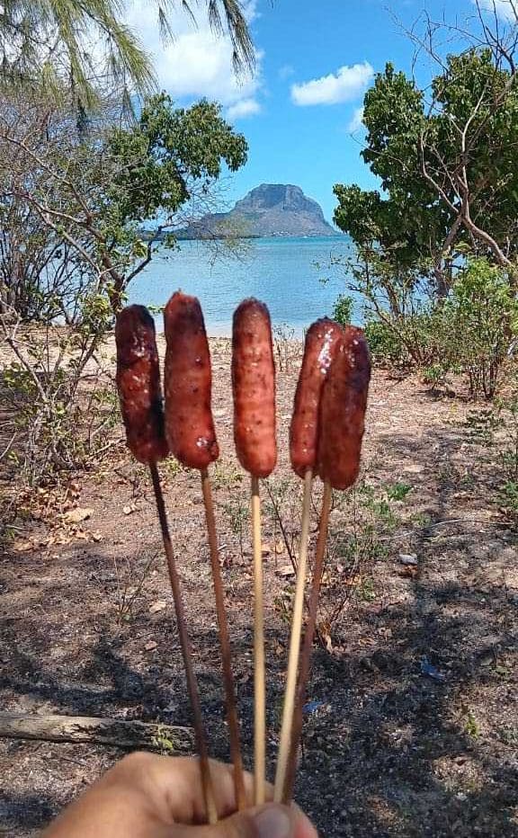 Personne tenant cinq brochettes de saucisses devant un paysage côtier avec montagne.